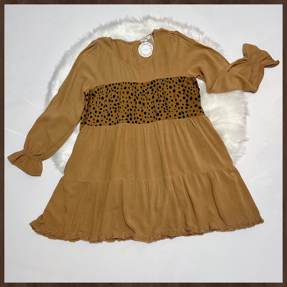 UMGEE Puff Sleeve & Ruffled Cuff Tiered Babydoll Dress Fringe Hem W/Animal Print - Picture 11 of 16